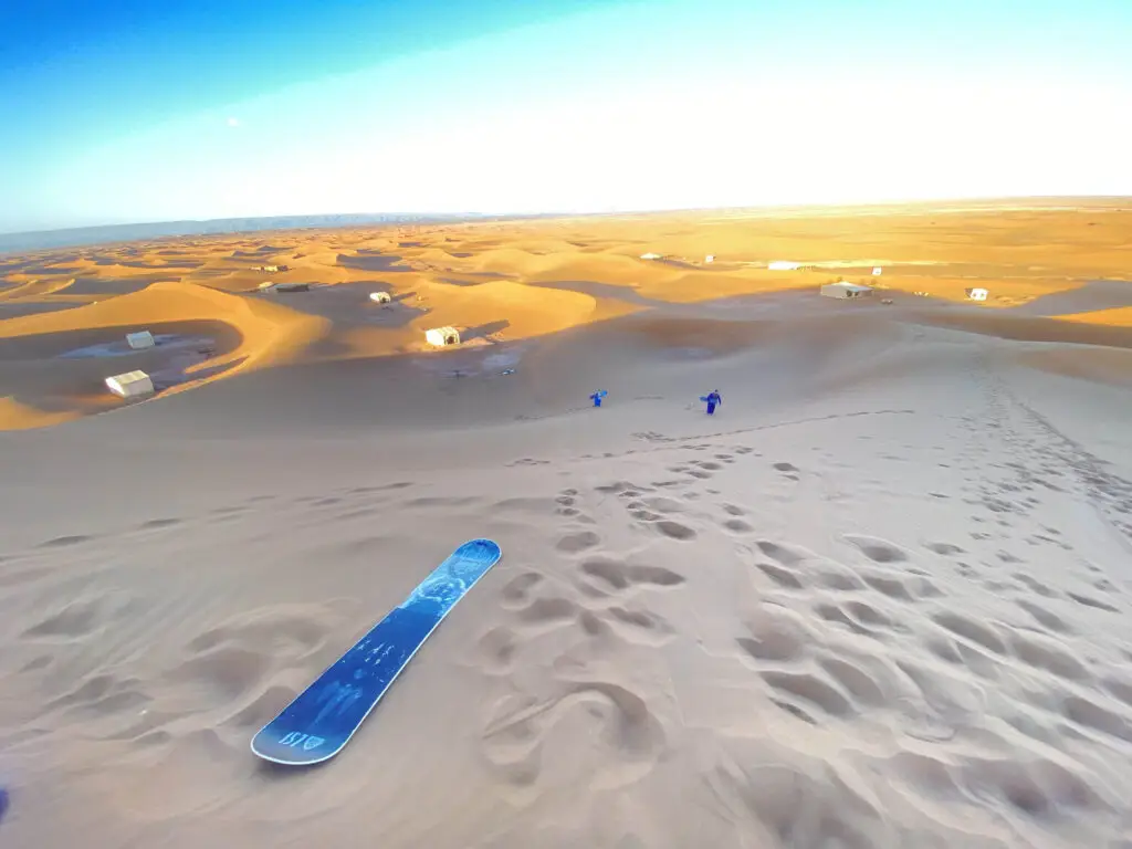 Activities in Erg Chigaga Desert Camp: a blue sandboard on a dune face above a trail of footprints